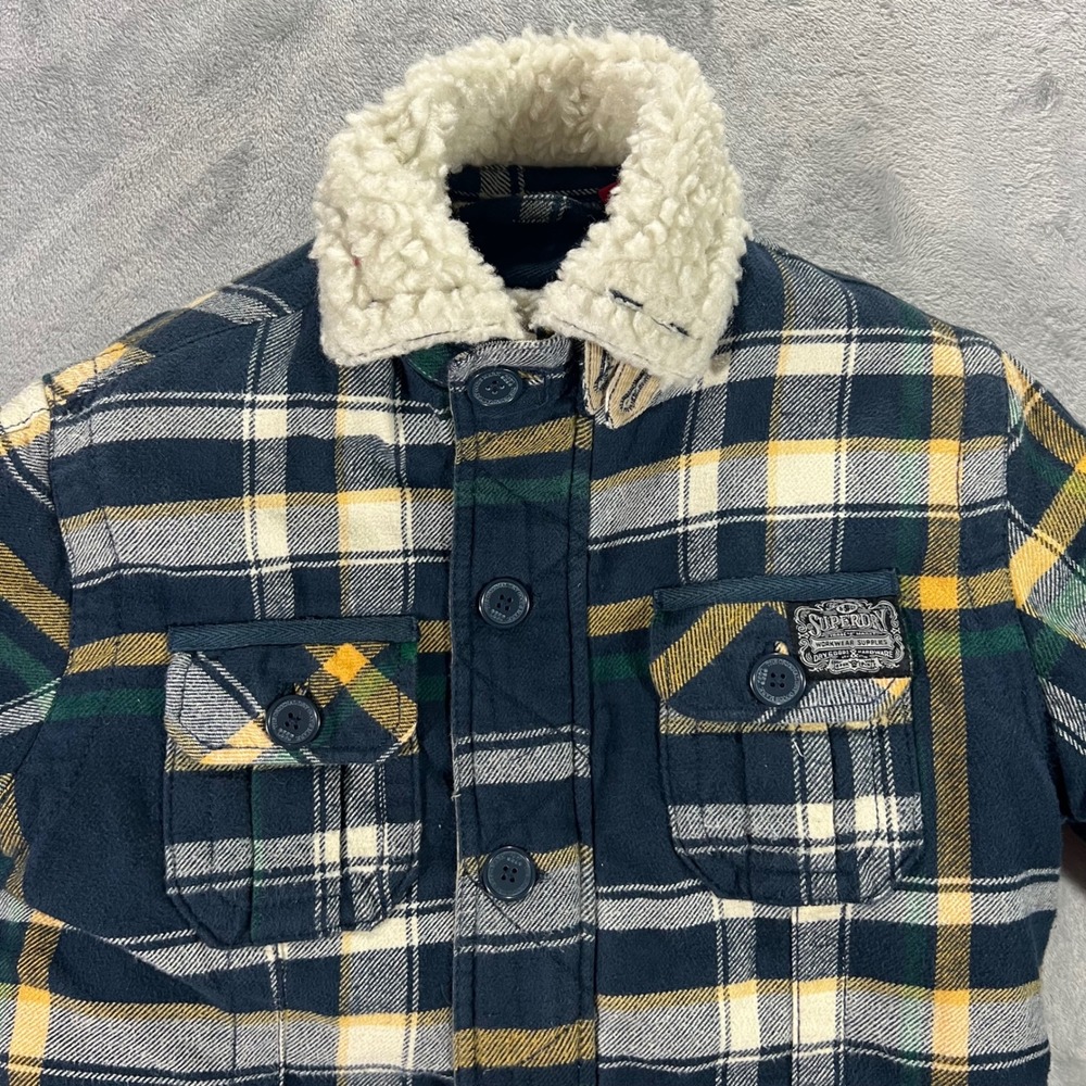 SUPERDRY Plaid Jacket Mens Medium Navy Yellow Sherpa Lined Western Zip Buffalo